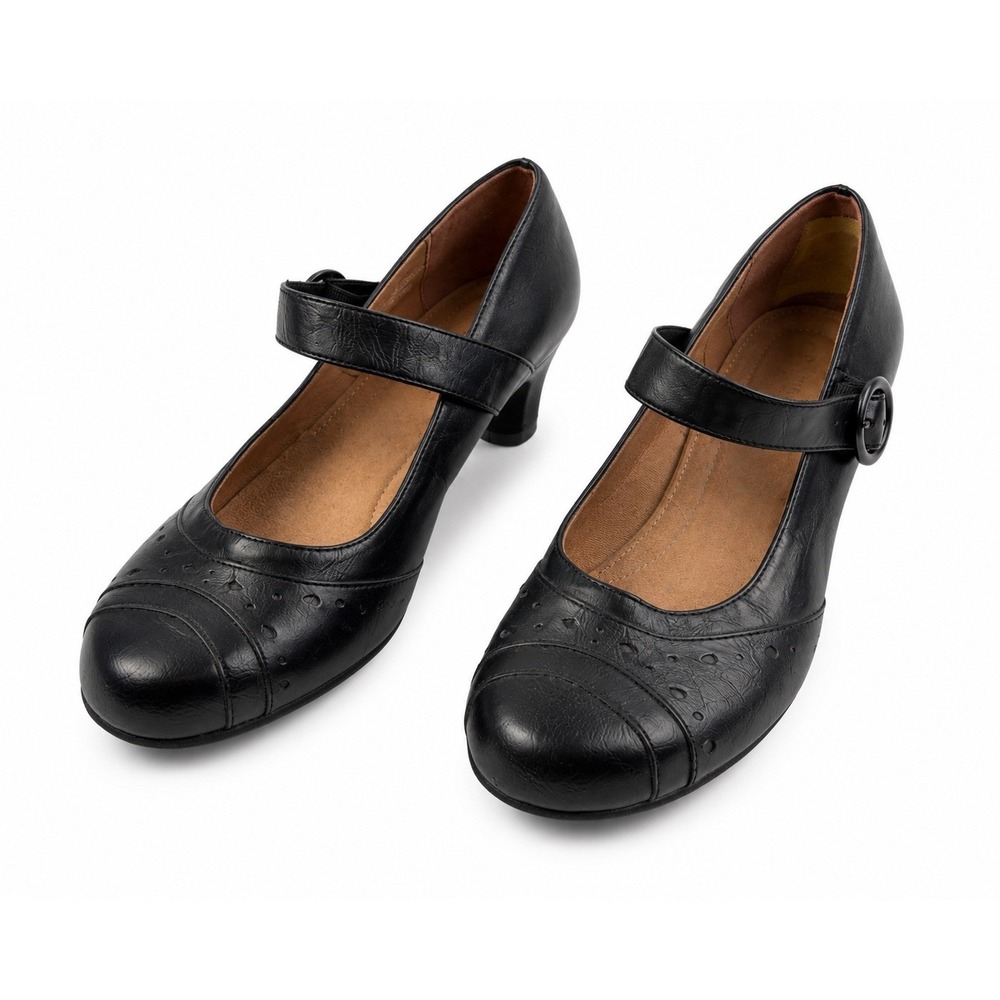 Comfort Plus by Predictions Black Leather Mary Jane Heels Women's Size 7.5